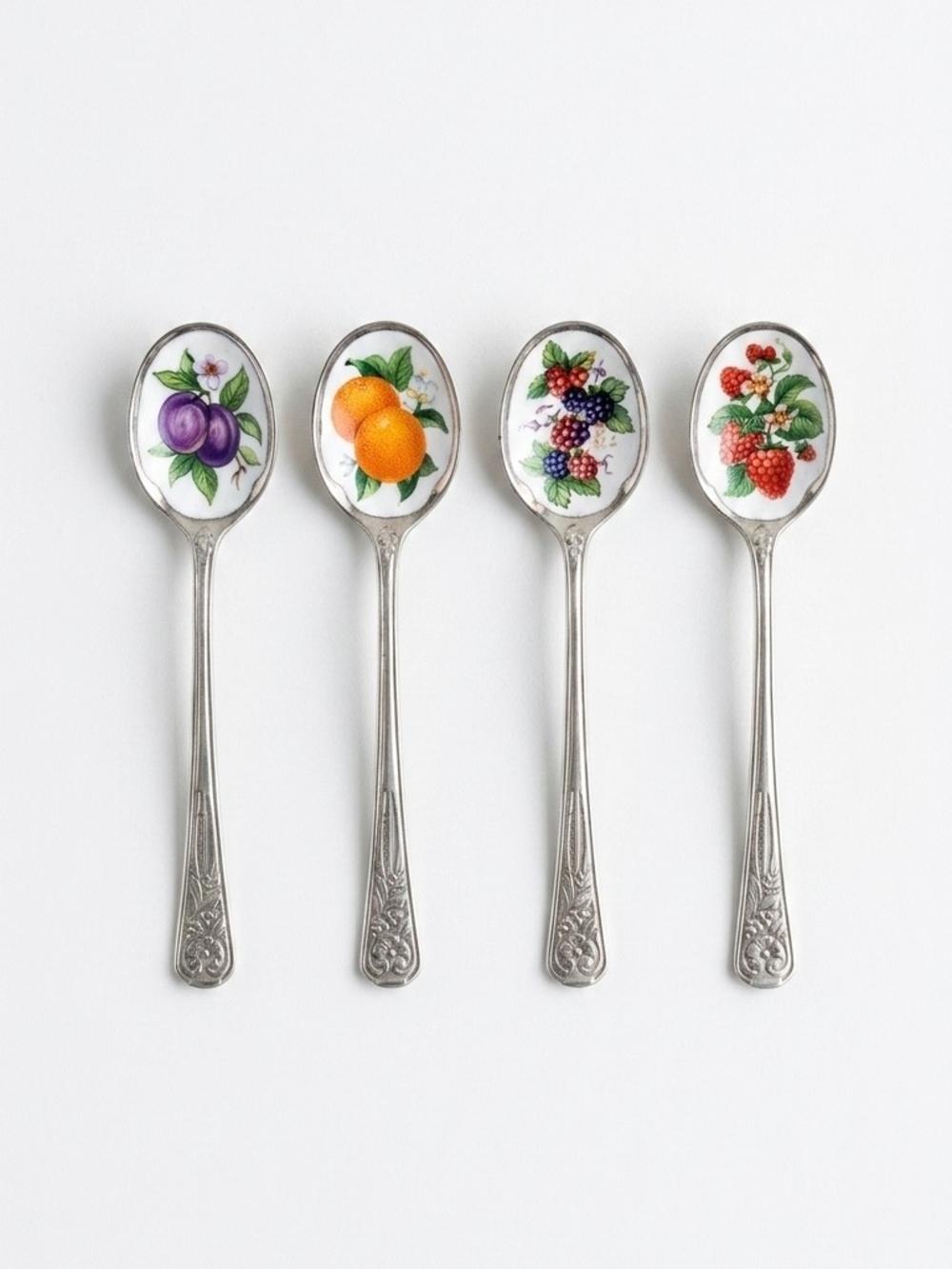 Silver Fruit-Pattern Enamel Teaspoons - Set of 4 AVON 1980